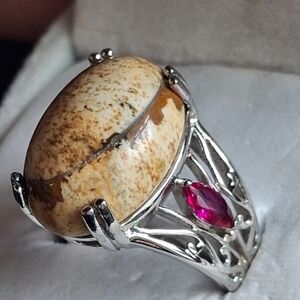 Picture Jasper & Simulated Ruby Diamond Platinum Bonded Brass Ring 11.50 CTW